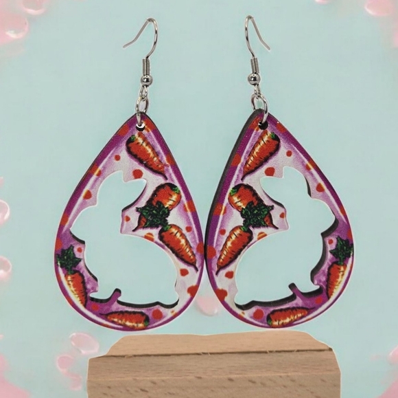 Wood Bunny Cutout With Carrot Print Teardrop Earrings - Picture 1 of 5